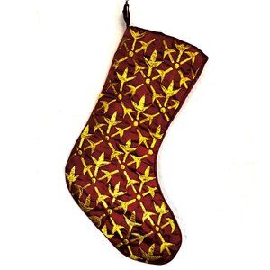 Pier 1 Imports 16" Elegant Red Satin Golden Embroidered Christmas Stocking